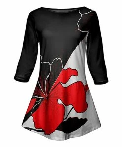 Lily | Black & Red Abstract Floral Flare Three-Quarter Sleeve Tunic - Plus