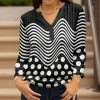 Lily | Black & White Wavy Stripe Pleated Button-Front Notch Neck Tunic - Women