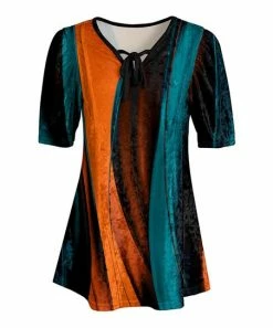 Lily | Teal & Orange Color Block Velvet Tie-Neck Tunic - Women