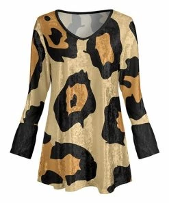 Lily | Black & Gold Leopard Velvet Bell-Sleeve V-Neck Tunic - Plus