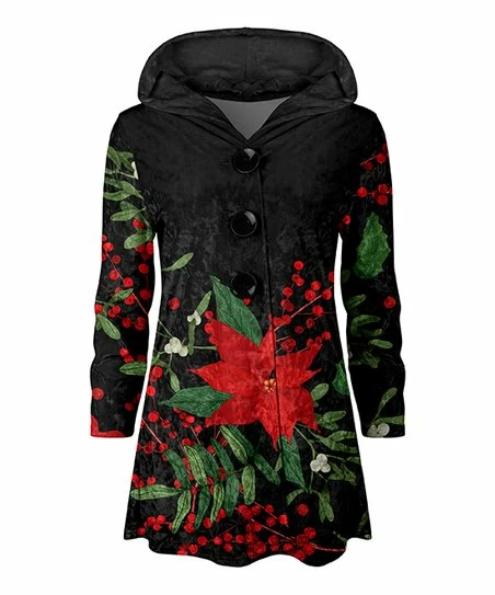 Lily | Black & Red Floral Velvet Hooded Cardigan - Plus 1 Lily | Black & Red Floral Velvet Hooded Cardigan - Plus