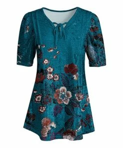 Lily | Teal & Rust Floral Velvet Tie-Neck Tunic - Plus