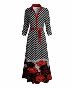 Lily | Gray & Red Stripe & Rose Tie-Waist Button-Front V-Neck Maxi Dress - Plus