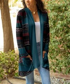 Lily | Teal & Mauve Geometric Pocket Open Cardigan - Women & Plus