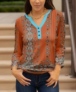 Lily | Rust & Aqua Geometric Pleated Button-Front Notch Neck Tunic - Women