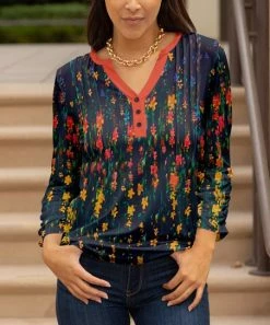 Lily | Yellow & Blue Hanging Bloom Pleated Button-Front Notch Neck Tunic - Plus