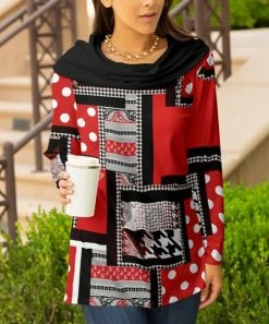 Lily | Black & Red Patchwork Cowl Neck Tunic - Plus