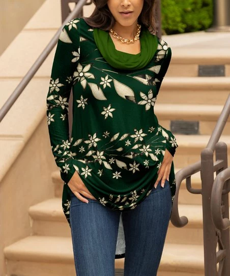 Lily | Green & Beige Leaves Cowl Neck Tunic - Plus 1 Lily | Green & Beige Leaves Cowl Neck Tunic - Plus