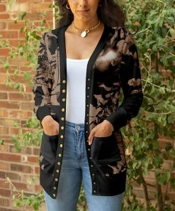 Lily | Mocha & Black Abstract Pocket Snap-Button Cardigan - Women