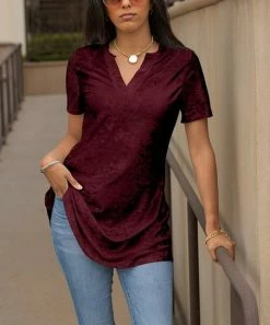 Lily | Wine Velvet Notch Neck Tunic - Plus