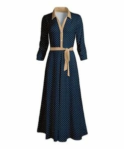 Lily | Navy & Beige Polka Dot Tie-Waist Button-Front V-Neck Maxi Dress - Women
