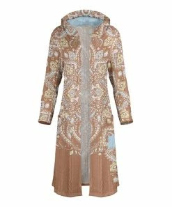 Lily | Brown & Turquoise Arabesque Cable Knit Pocket Hooded Duster - Women