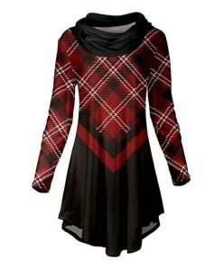Lily | Black & Red Plaid Color Block Curved-Hem Cowl Neck Tunic - Women