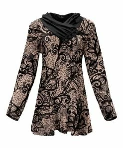 Lily | Black & Beige Lace-Print Button Cowl Neck Tunic - Plus