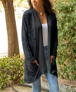 Lily | Navy & Teal Leaves Pocket Shawl-Collar Open Cardigan - Plus