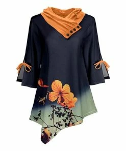 Lily | Navy & Orange Floral Tie-Sleeve Asymmetrical Button Cowl Neck Tunic - Women