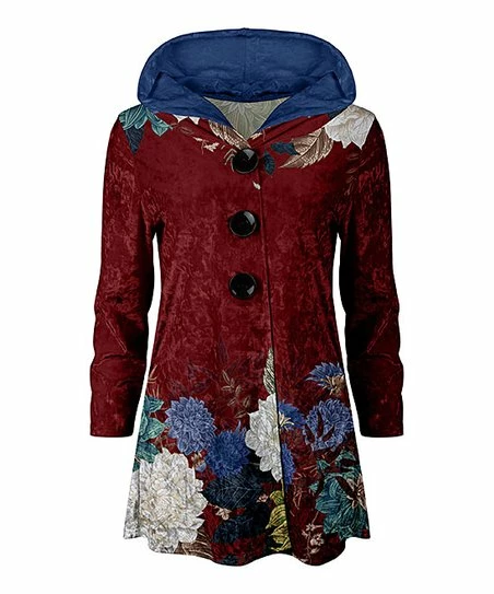 Lily | Red & Blue Floral Velvet Hooded Button-Up Cardigan - Women 1 Lily | Red & Blue Floral Velvet Hooded Button-Up Cardigan - Women