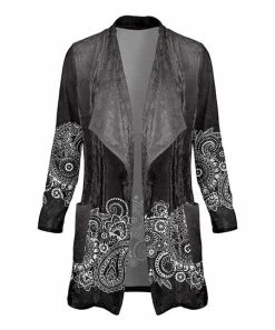 Lily | Gray & White Paisley Velvet Open Cardigan - Women