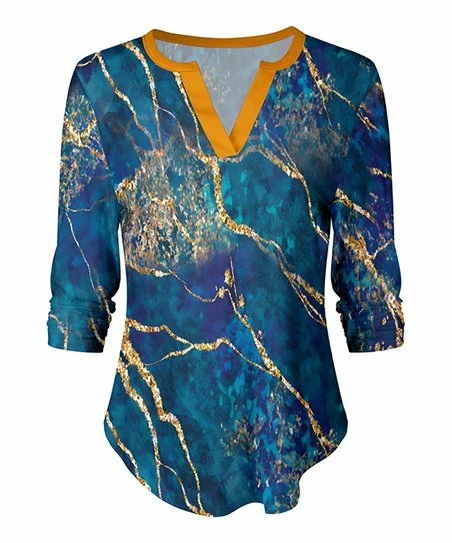 Lily | Blue & Gold Marble Notch Neck Top - Women 1 Lily | Blue & Gold Marble Notch Neck Top - Women