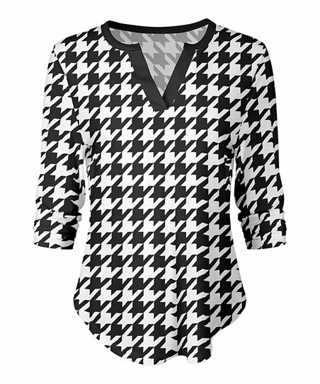 Lily | Black & White Houndstooth Notch Neck Top - Women 1 Lily | Black & White Houndstooth Notch Neck Top - Women