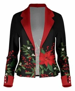 Lily | Black & Red Poinsettia Button-Cuff Notch-Lapel Blazer - Women & Plus