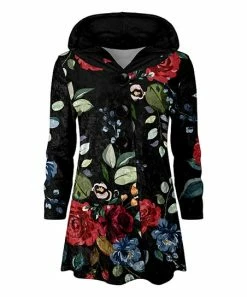 Lily | Black & Red Rose Velvet Button-Up Hoodie - Women