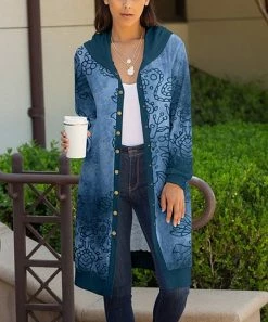 Lily | Navy & Blue Floral Hooded Long-Sleeve Open Cardigan - Plus