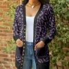 Lily | Purple & Lavender Leopard Long-Sleeve Pocket Snap-Up Cardigan - Plus