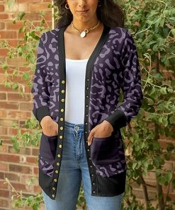 Lily | Purple & Lavender Leopard Long-Sleeve Pocket Snap-Up Cardigan - Plus