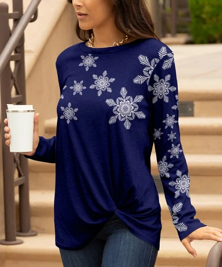 Lily | Navy & White Snowflake Twist-Hem Long-Sleeve Tunic - Women 1 Lily | Navy & White Snowflake Twist-Hem Long-Sleeve Tunic - Women