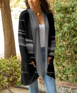 Lily | Black & Gray Stripe Pocket Open Cardigan - Plus