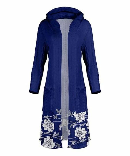 Lily | Blue & White Floral Pocket Hooded Open Cardigan - Women 1 Lily | Blue & White Floral Pocket Hooded Open Cardigan - Women