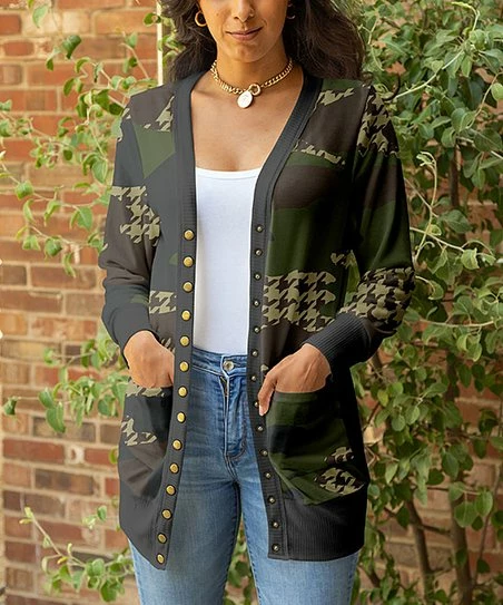 Lily | Black & Green Houndstooth Camo Pocket Snap-Up Cardigan - Women 1 Lily | Black & Green Houndstooth Camo Pocket Snap-Up Cardigan - Women