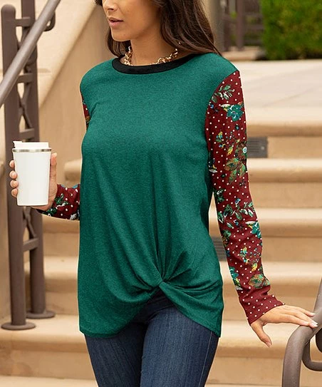 Lily | Teal & Dark Red Floral Polka Dot Twist-Hem Long-Sleeve Tunic - Women 1 Lily | Teal & Dark Red Floral Polka Dot Twist-Hem Long-Sleeve Tunic - Women