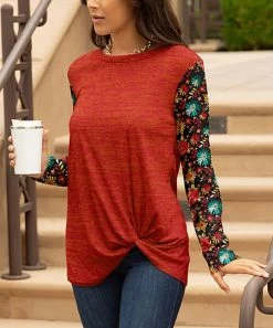 Lily | Black & Red Floral Twist-Hem Long-Sleeve Tunic - Plus
