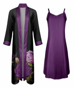 Lily | Purple & Black Floral Duster Robe & Sleeveless Midi Nightgown - Women & Plus