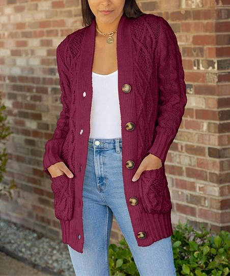 Lily | Dark Rose Knit Pocket Button-Up Grandpa Cardigan - Women 1 Lily | Dark Rose Knit Pocket Button-Up Grandpa Cardigan - Women