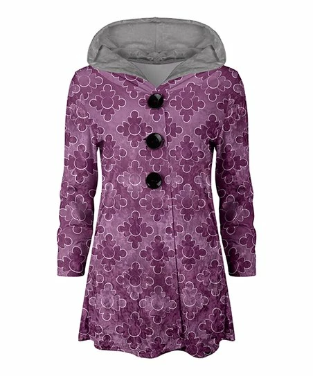 Lily | Purple & Gray Arabesque Velvet Button-Accent Tunic Hoodie - Plus 1 Lily | Purple & Gray Arabesque Velvet Button-Accent Tunic Hoodie - Plus