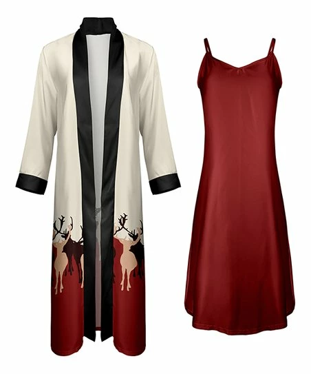 Lily | Cream & Red Reindeer Open Robe & Red Nightgown - Women 1 Lily | Cream & Red Reindeer Open Robe & Red Nightgown - Women