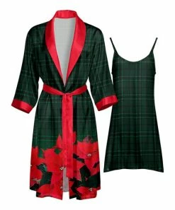 Lily | Green & Red Plaid Poinsettia Robe & Green Nightgown - Women
