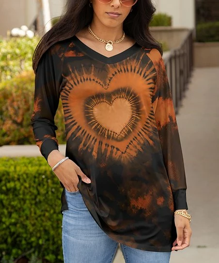 Lily | Black & Rust Tie-Dye Heart V-Neck Long-Sleeve Tunic - Plus 1 Lily | Black & Rust Tie-Dye Heart V-Neck Long-Sleeve Tunic - Plus