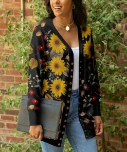 Lily | Black & Yellow Floral Pocket Snap-Button Cardigan - Women & Plus