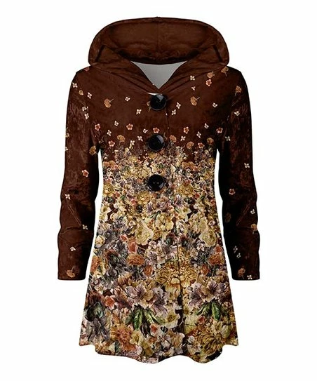 Lily | Brown & Gold Floral Velvet Button-Up Hoodie - Plus 1 Lily | Brown & Gold Floral Velvet Button-Up Hoodie - Plus
