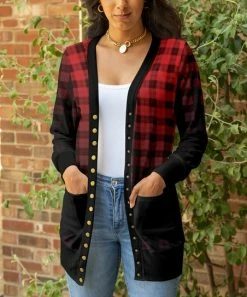 Lily | Black & Red Ombré Check Pocket Snap-Button Cardigan - Women