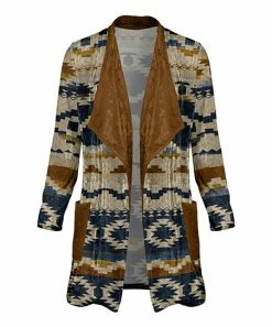 Lily | Navy & Rust Geometric Velvet Lapel Pocket Open Cardigan - Plus