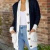 Lily | Dark Blue & White Color Block Pocket Button-Up Cardigan - Women