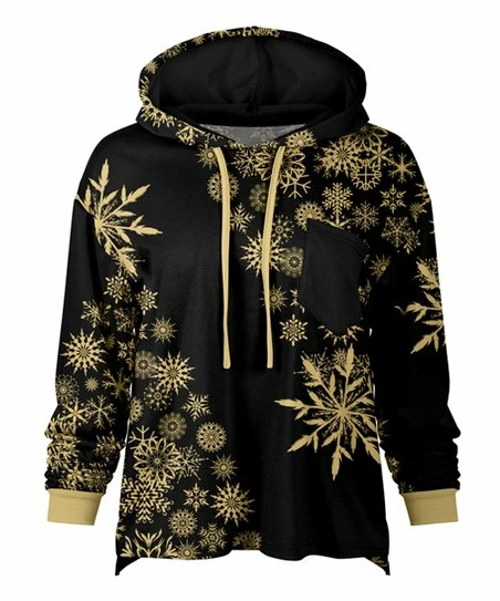 Lily | Black & Cream Snowflake Chest-Pocket Hi-Low Hoodie - Plus 1 Lily | Black & Cream Snowflake Chest-Pocket Hi-Low Hoodie - Plus