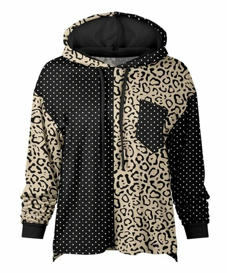 Lily | Cream & Black Jaguar Polka Dot Chest-Pocket Hi-Low Hoodie - Plus 1 Lily | Cream & Black Jaguar Polka Dot Chest-Pocket Hi-Low Hoodie - Plus