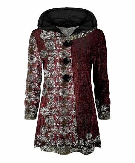 Lily | Red & White Floral Velvet Button-Up Hoodie - Plus 1 Lily | Red & White Floral Velvet Button-Up Hoodie - Plus