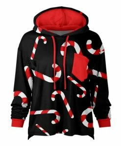 Lily | Black & Red Candy Cane Chest-Pocket Hi-Low Hoodie - Women